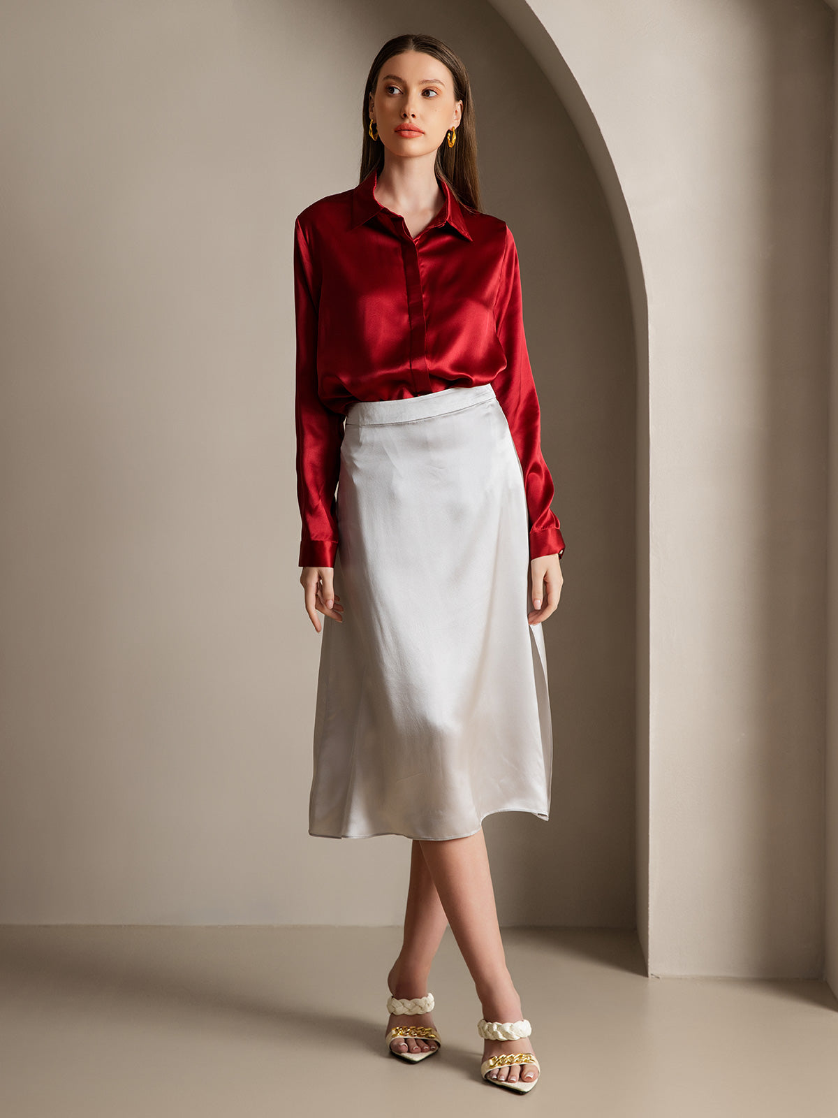 [Wine] SilkSilky-AU 19Momme Silk Lapel Collar Women's Shirt 006