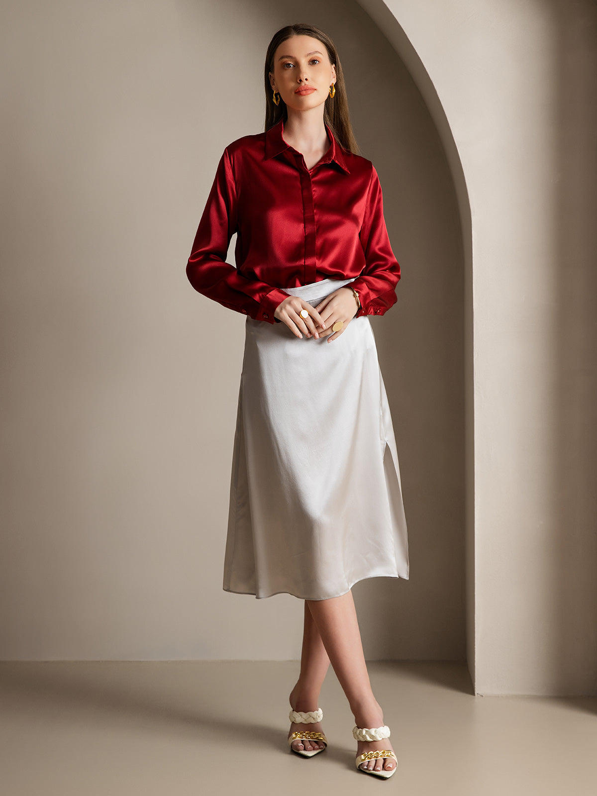 [Wine] SilkSilky-AU 19Momme Silk Lapel Collar Women's Shirt 007