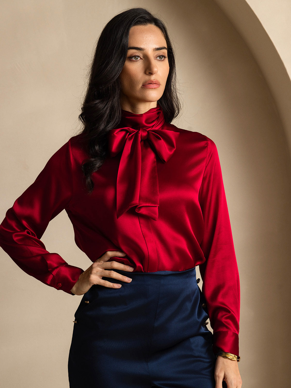 [Wine] SilkSilky-AU 19Momme Silk Long Sleeve Tie Neck Women's Shirt 001