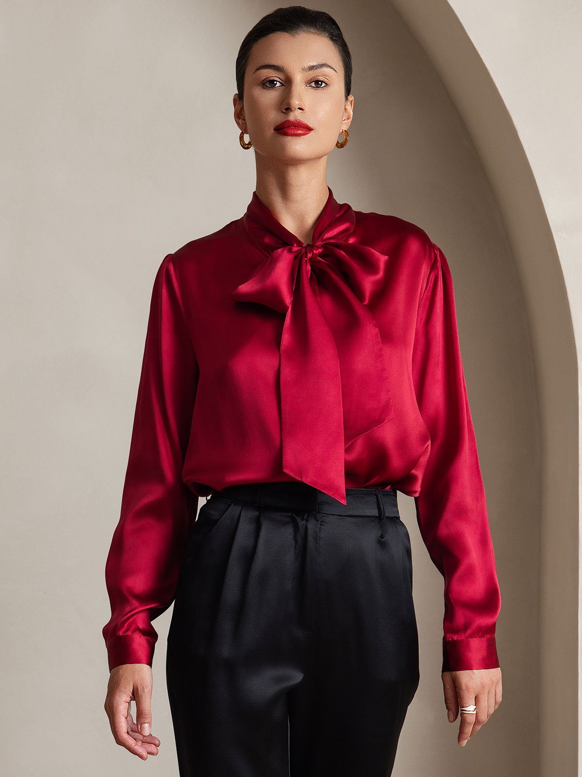 [Wine] SilkSilky-AU 19Momme Silk Long Sleeve Tie Neck Women's Shirt 001