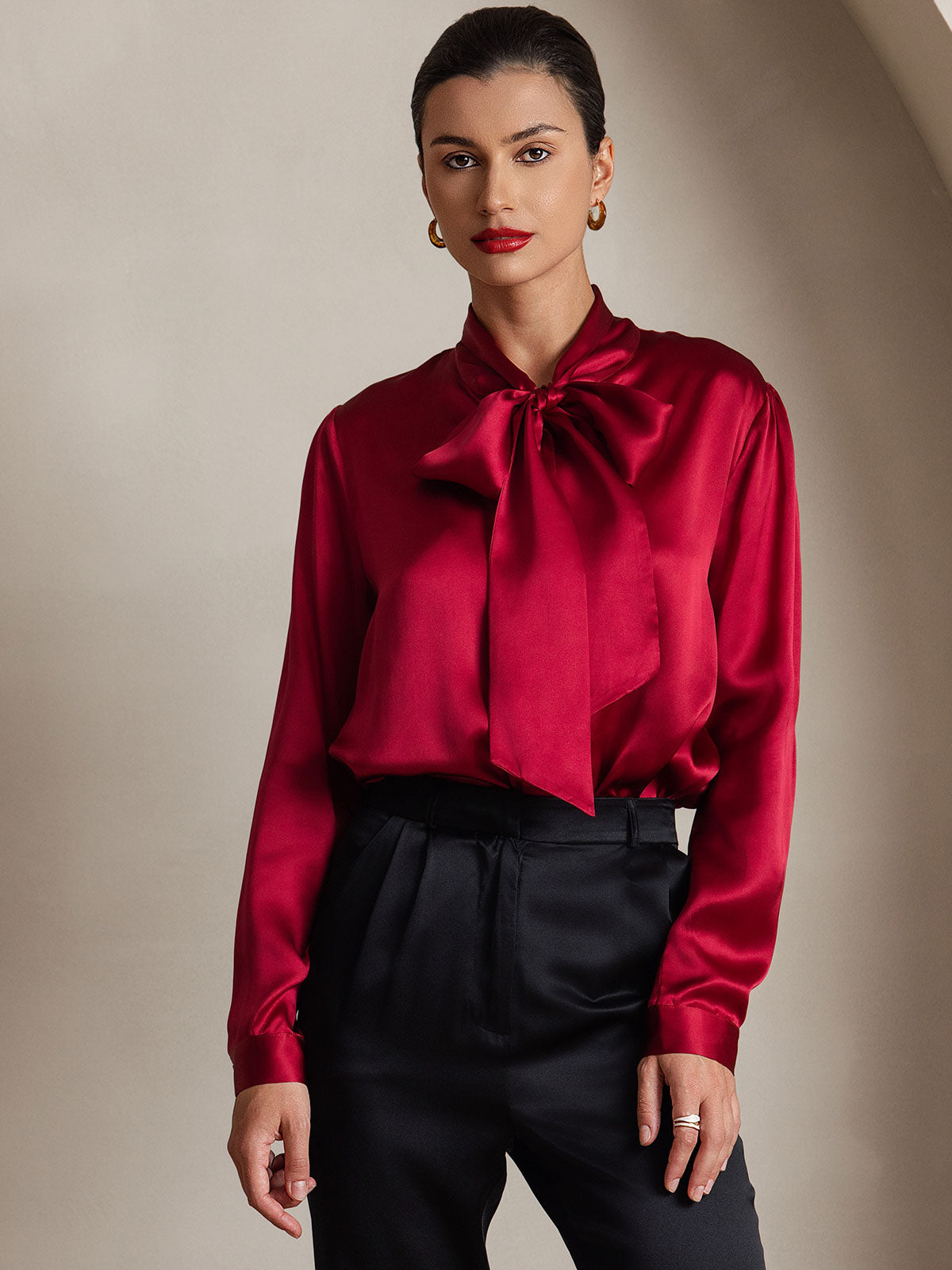 [Wine] SilkSilky-AU 19Momme Silk Long Sleeve Tie Neck Women's Shirt 001