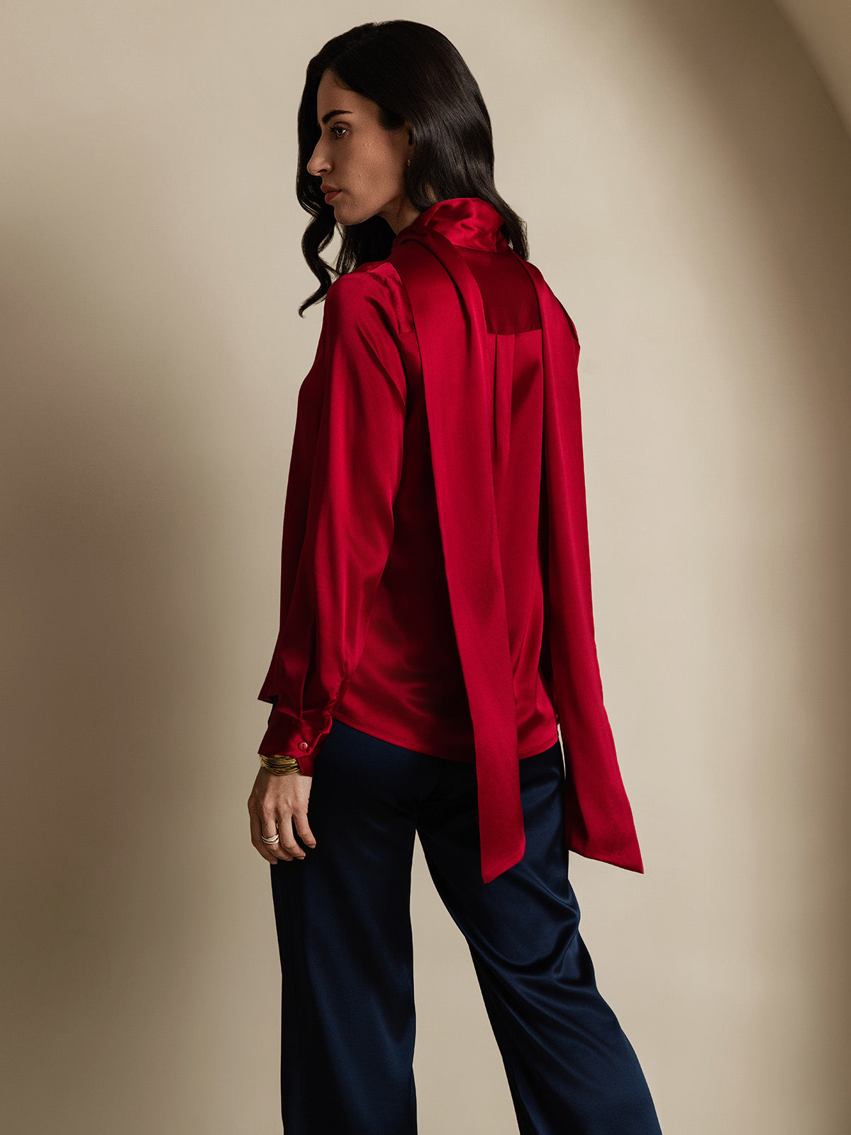 [Wine] SilkSilky-AU 19Momme Silk Long Sleeve Tie Neck Women's Shirt 002