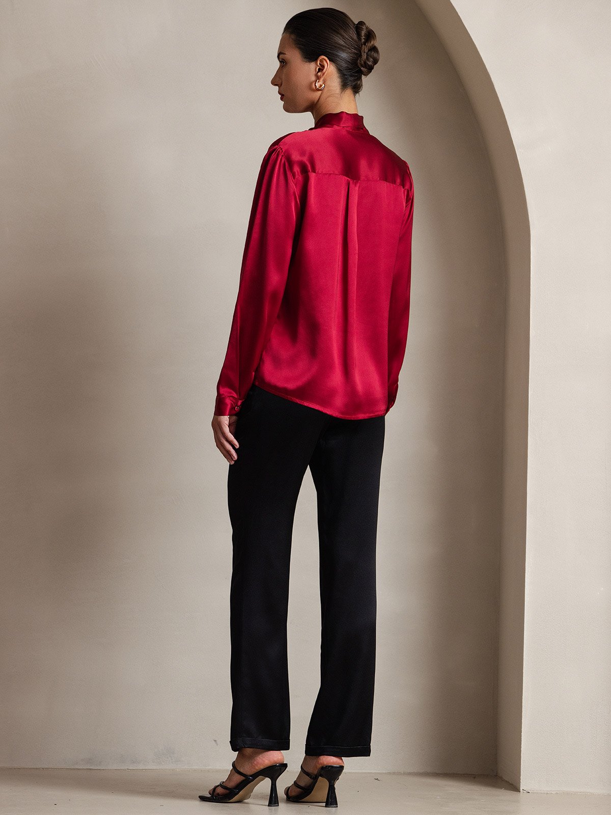 [Wine] SilkSilky-AU 19Momme Silk Long Sleeve Tie Neck Women's Shirt 002
