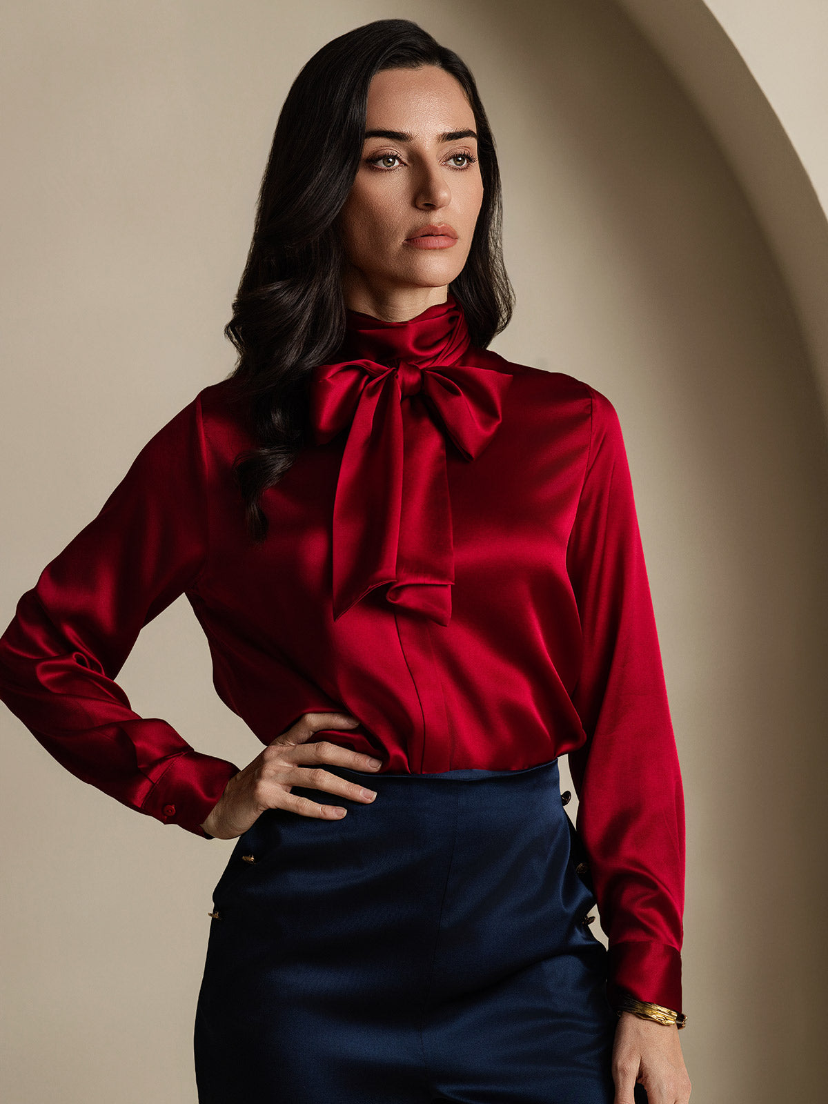 [Wine] SilkSilky-AU 19Momme Silk Long Sleeve Tie Neck Women's Shirt 003