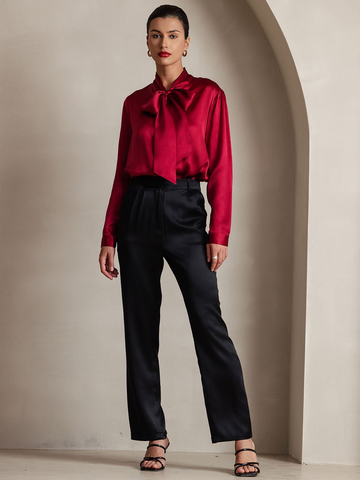[Wine] SilkSilky-AU 19Momme Silk Long Sleeve Tie Neck Women's Shirt 003