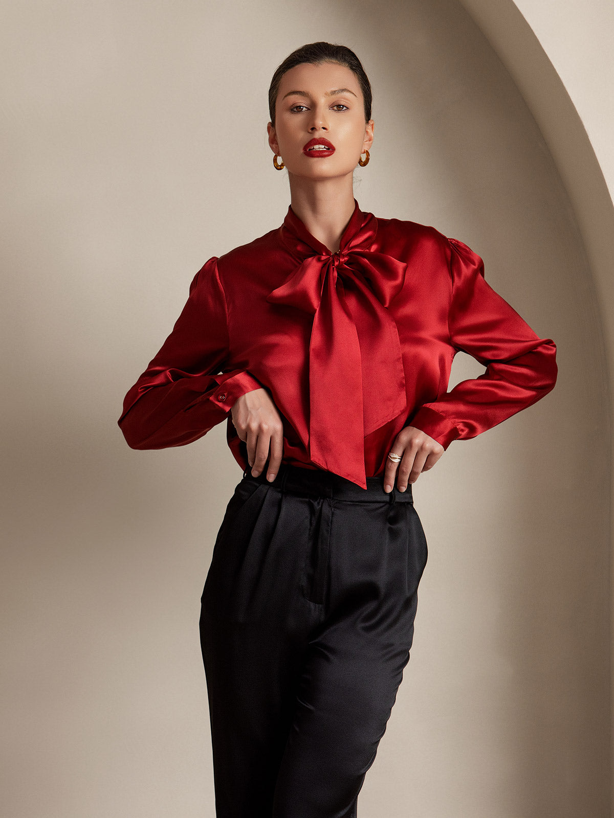 [Wine] SilkSilky-AU 19Momme Silk Long Sleeve Tie Neck Women's Shirt 003