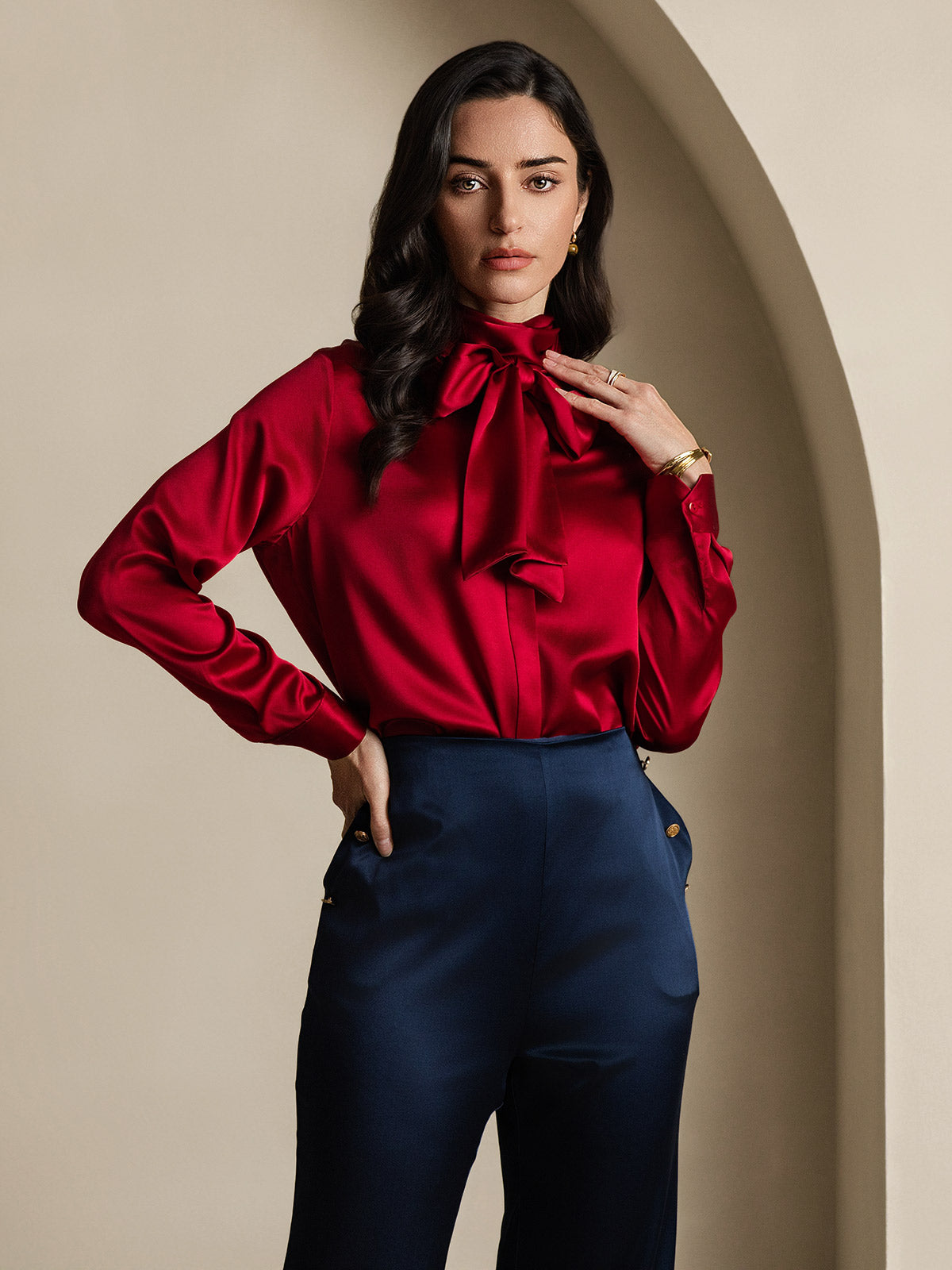 [Wine] SilkSilky-AU 19Momme Silk Long Sleeve Tie Neck Women's Shirt 004