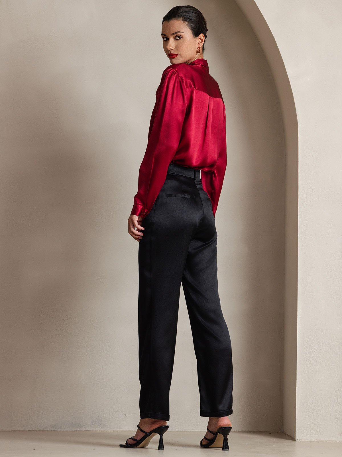 [Wine] SilkSilky-AU 19Momme Silk Long Sleeve Tie Neck Women's Shirt 004