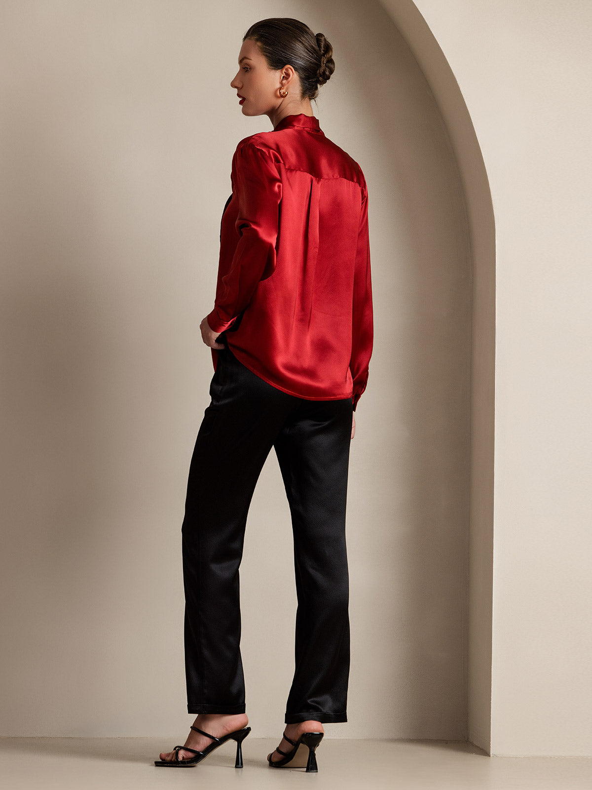 [Wine] SilkSilky-AU 19Momme Silk Long Sleeve Tie Neck Women's Shirt 004