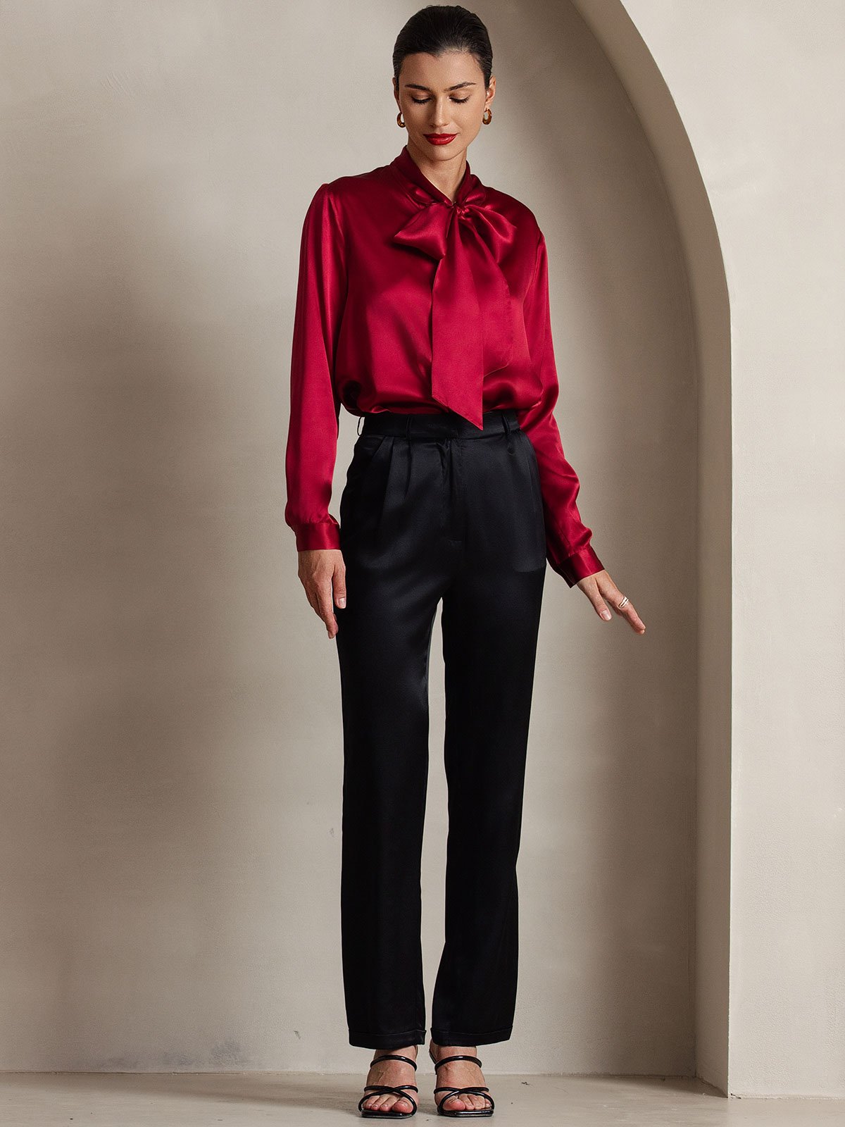 [Wine] SilkSilky-AU 19Momme Silk Long Sleeve Tie Neck Women's Shirt 005