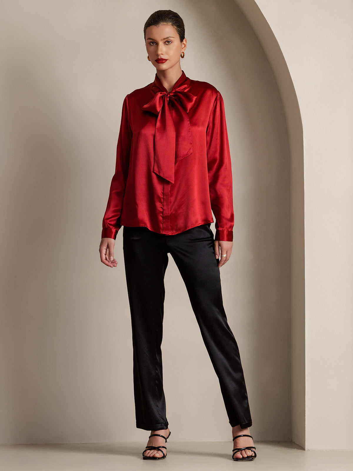 [Wine] SilkSilky-AU 19Momme Silk Long Sleeve Tie Neck Women's Shirt 005