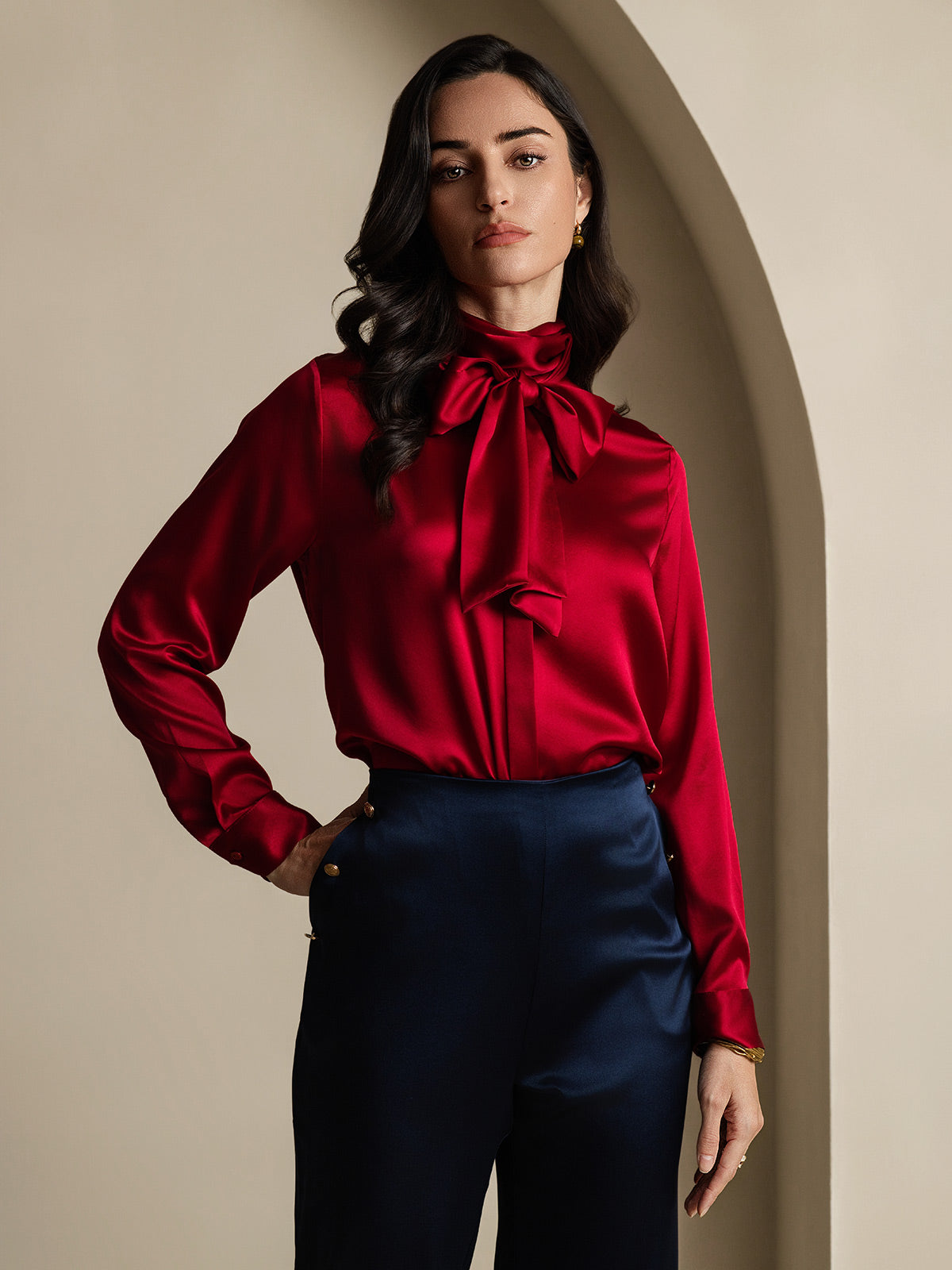 [Wine] SilkSilky-AU 19Momme Silk Long Sleeve Tie Neck Women's Shirt 006