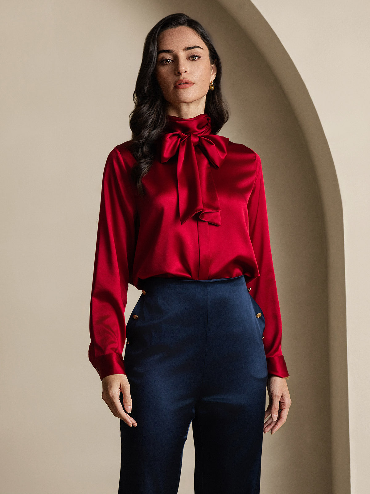 [Wine] SilkSilky-AU 19Momme Silk Long Sleeve Tie Neck Women's Shirt 006