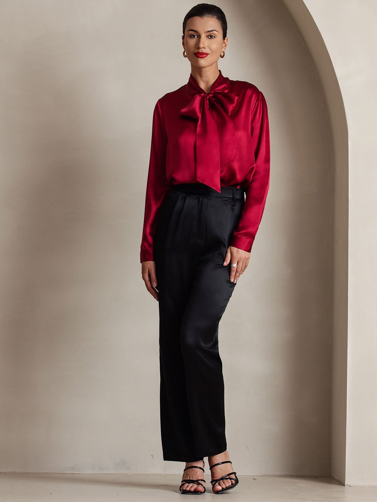 [Wine] SilkSilky-AU 19Momme Silk Long Sleeve Tie Neck Women's Shirt 006