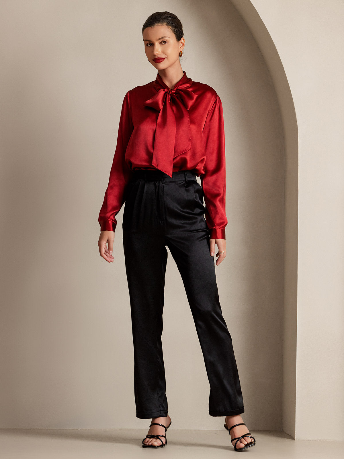 [Wine] SilkSilky-AU 19Momme Silk Long Sleeve Tie Neck Women's Shirt 006