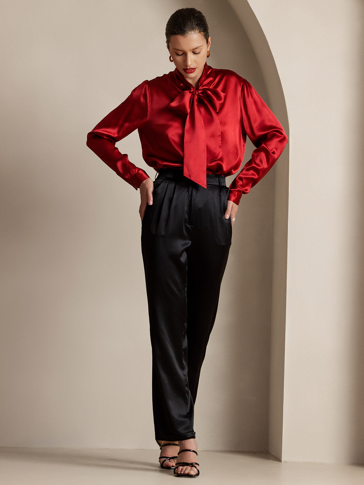 [Wine] SilkSilky-AU 19Momme Silk Long Sleeve Tie Neck Women's Shirt 007