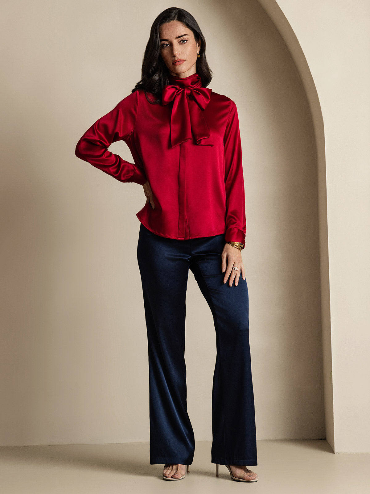 [Wine] SilkSilky-AU 19Momme Silk Long Sleeve Tie Neck Women's Shirt 008