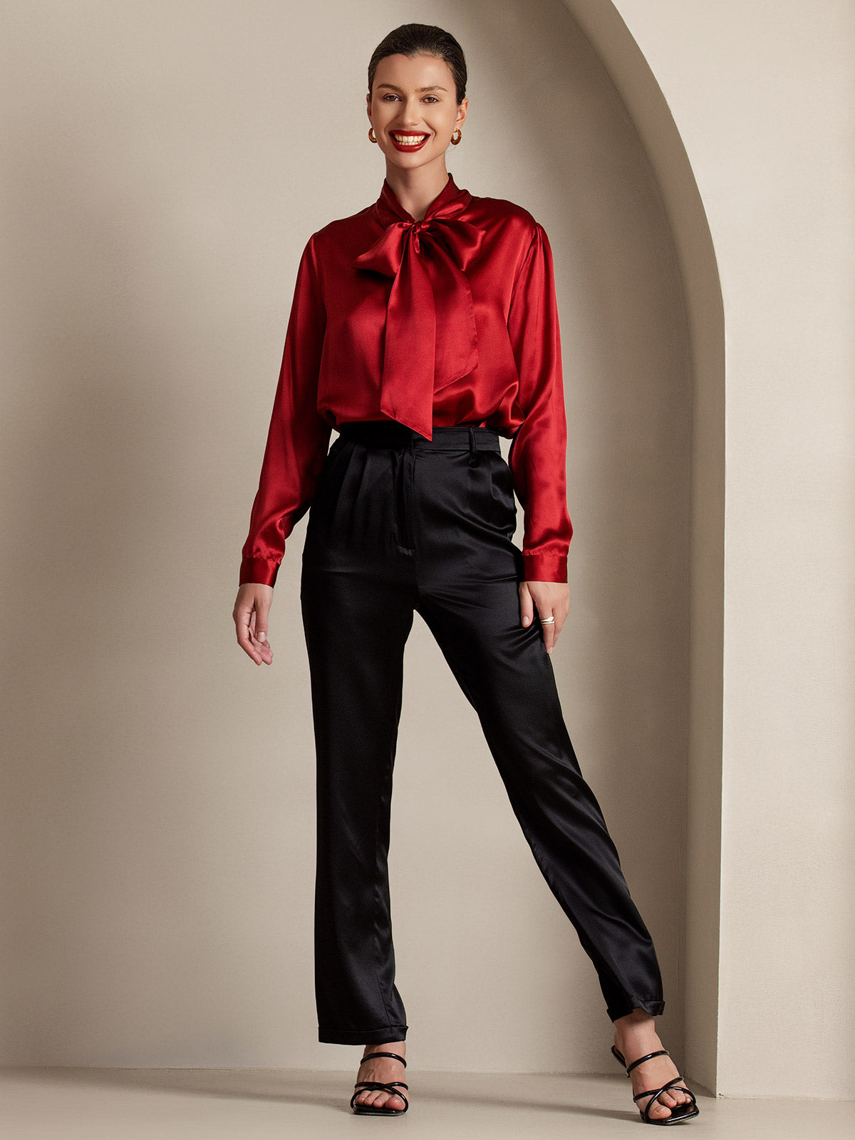 [Wine] SilkSilky-AU 19Momme Silk Long Sleeve Tie Neck Women's Shirt 008