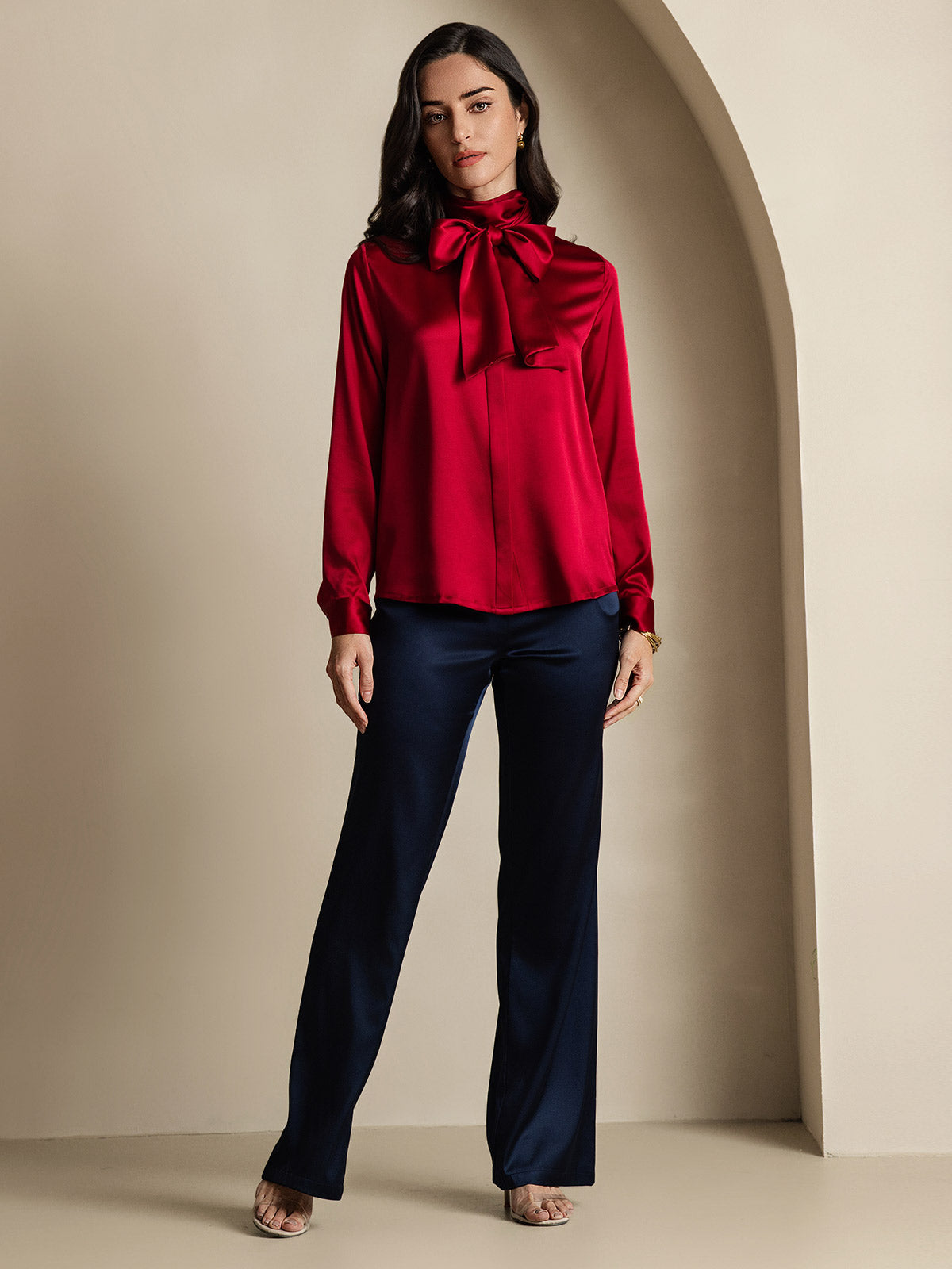 [Wine] SilkSilky-AU 19Momme Silk Long Sleeve Tie Neck Women's Shirt 009
