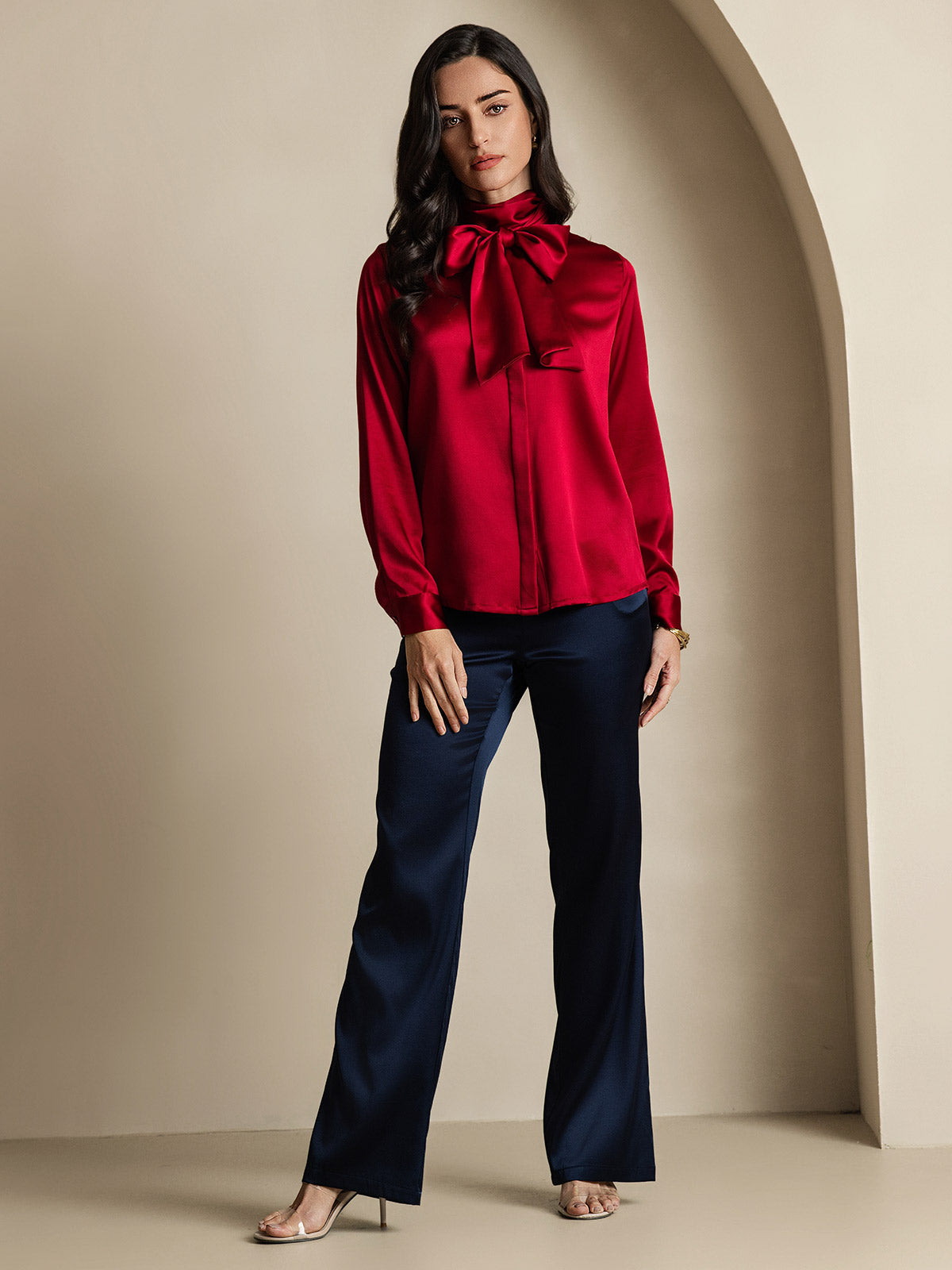 [Wine] SilkSilky-AU 19Momme Silk Long Sleeve Tie Neck Women's Shirt 010