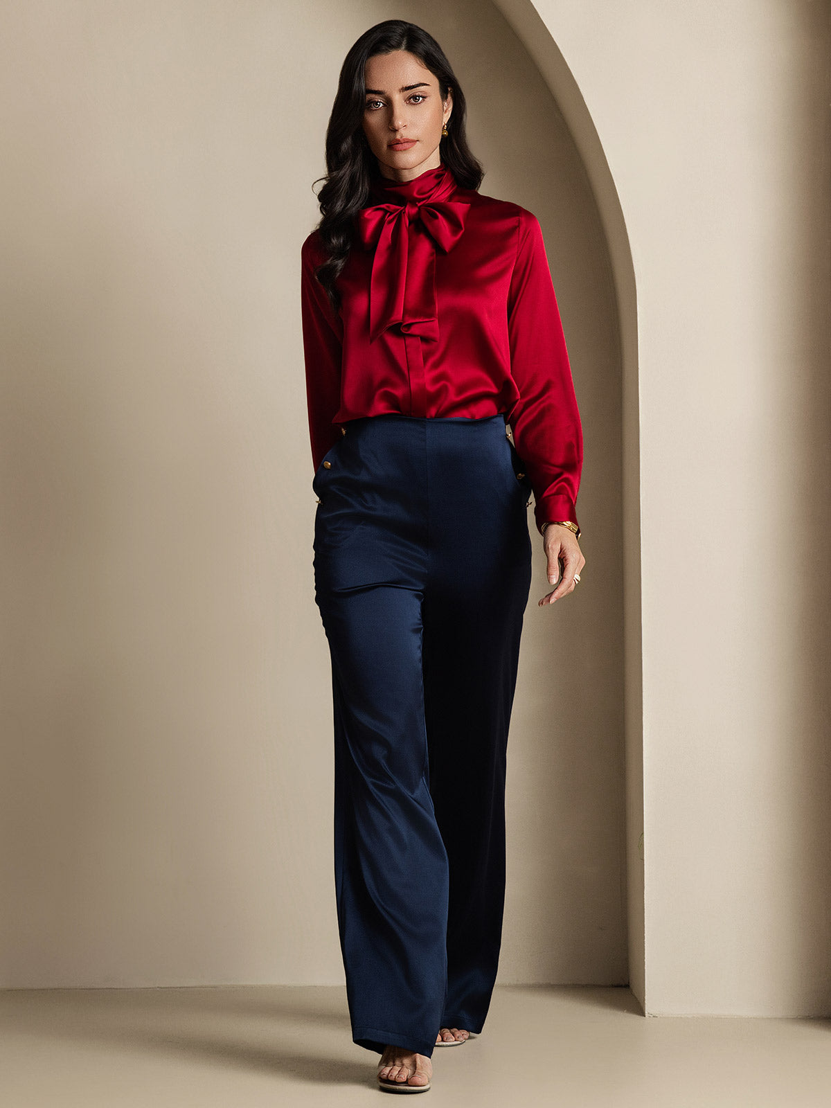 [Wine] SilkSilky-AU 19Momme Silk Long Sleeve Tie Neck Women's Shirt 011