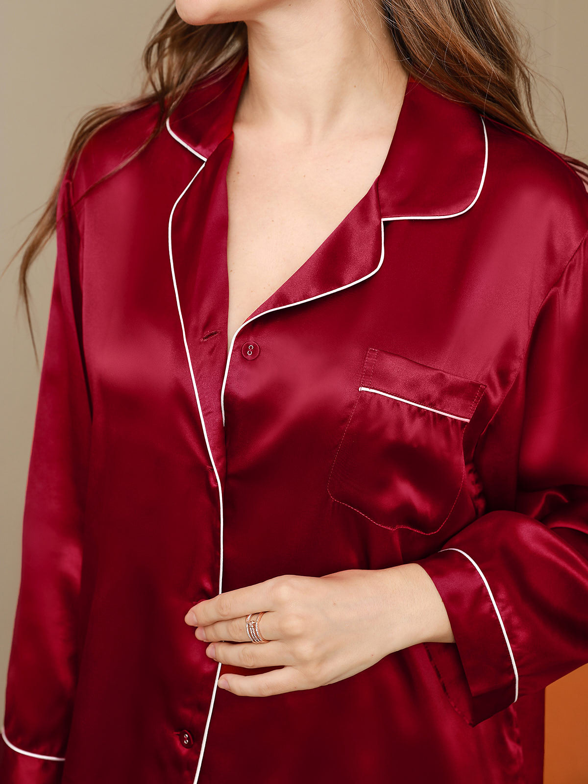 [Wine] SilkSilky-AU Long Sleeve Lapel Women's Pyjamas 004