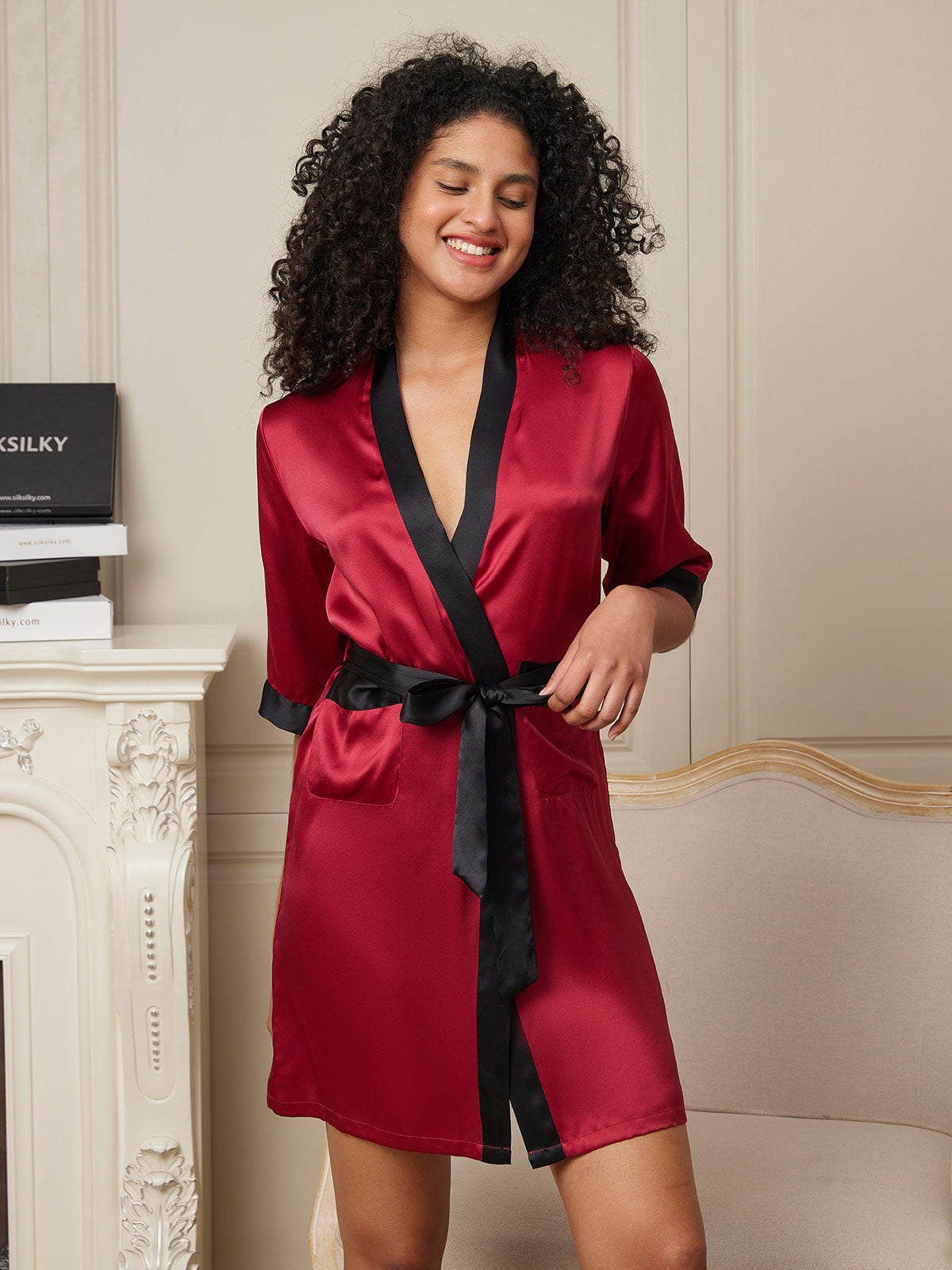 [Wine] SilkSilky-AU Pure Silk Half Sleeve Womens Robe 003