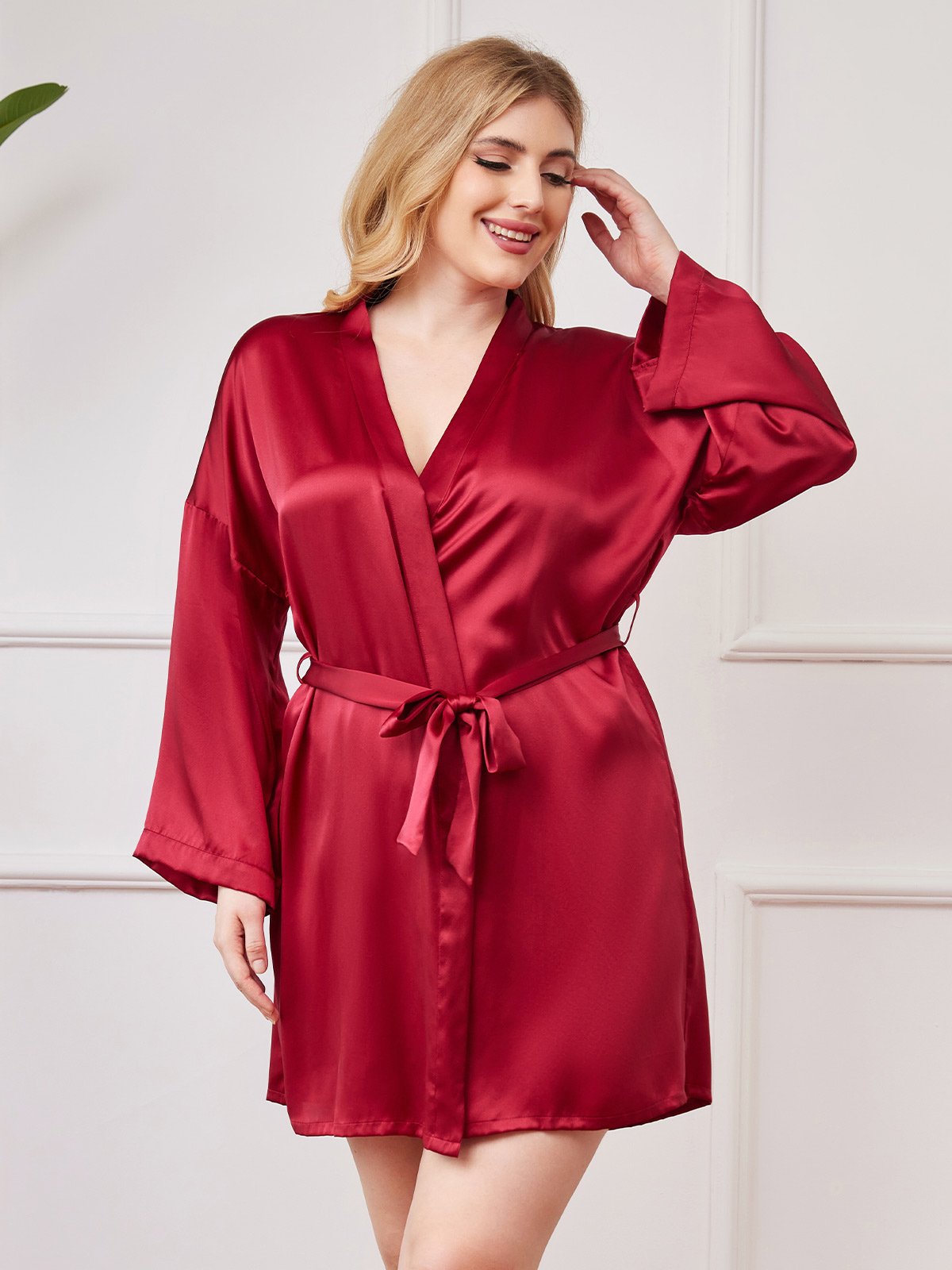 [Wine] SilkSilky-AU Pure Silk Long Sleeve Deep V Neck Plus Size Dressing Gown 001