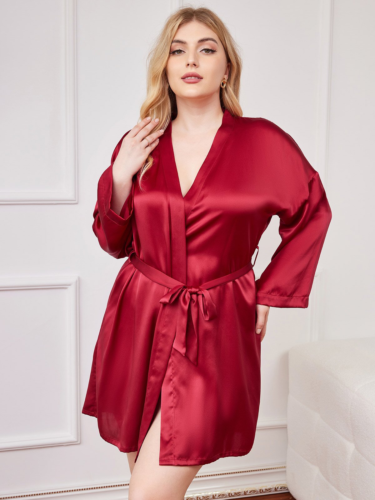 [Wine] SilkSilky-AU Pure Silk Long Sleeve Deep V Neck Plus Size Dressing Gown 004