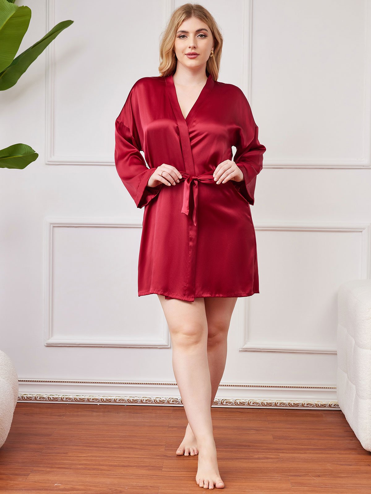 [Wine] SilkSilky-AU Pure Silk Long Sleeve Deep V Neck Plus Size Dressing Gown 006