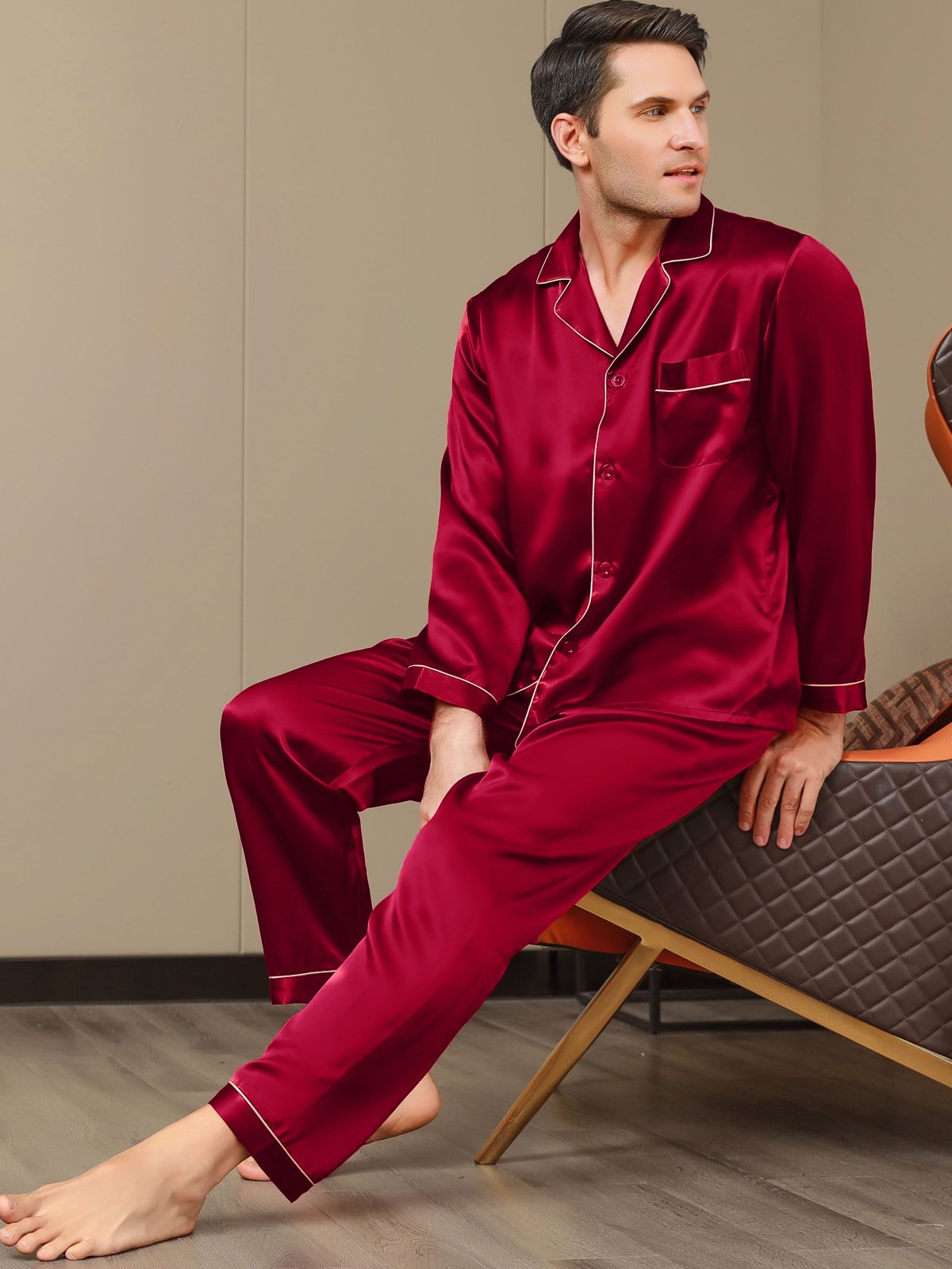 [Wine] SilkSilky-AU Pure Silk Long Sleeve Lapel Men's Pyjamas 001