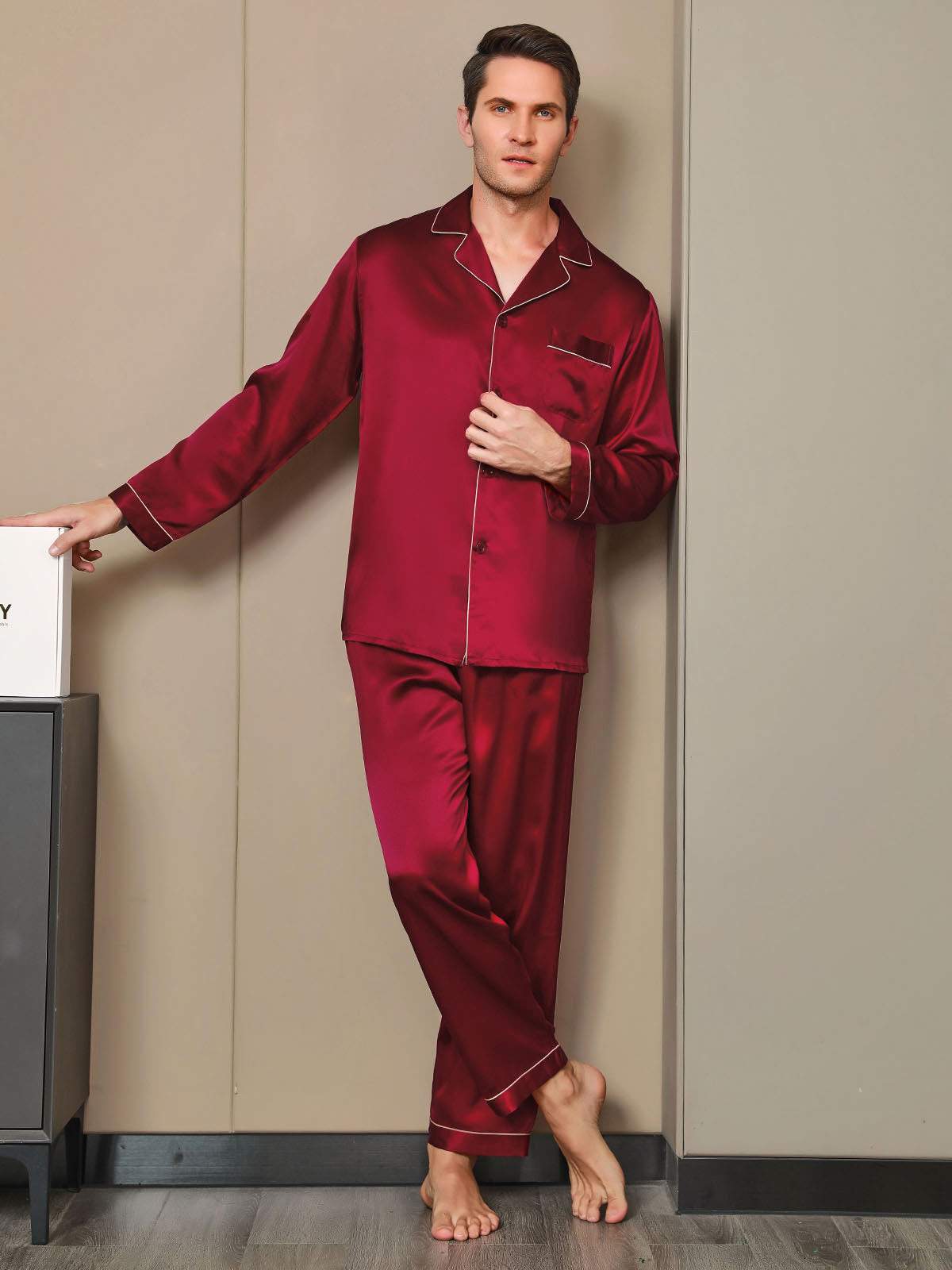 [Wine] SilkSilky-AU Pure Silk Long Sleeve Lapel Men's Pyjamas 004