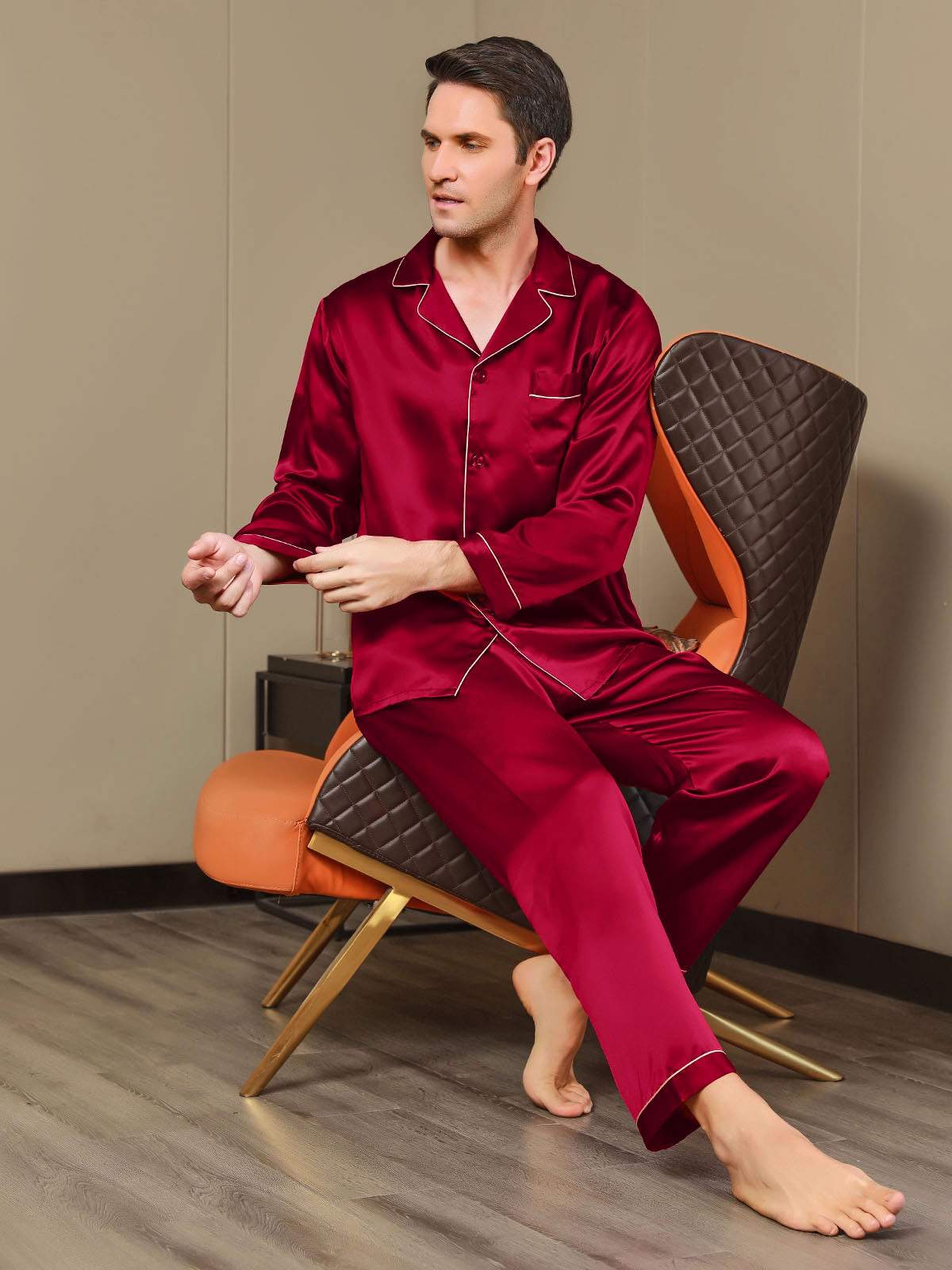 [Wine] SilkSilky-AU Pure Silk Long Sleeve Lapel Men's Pyjamas 007