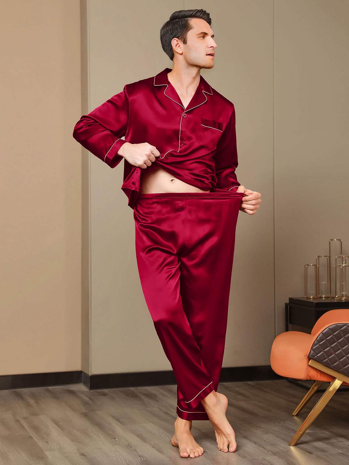 [Wine] SilkSilky-AU Pure Silk Long Sleeve Lapel Men's Pyjamas 008