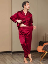 [Wine] SilkSilky-AU Pure Silk Long Sleeve Lapel Men's Pyjamas 008