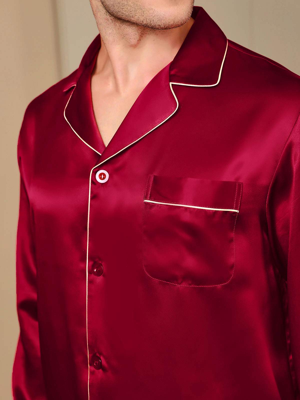 [Wine] SilkSilky-AU Pure Silk Long Sleeve Lapel Men's Pyjamas 009
