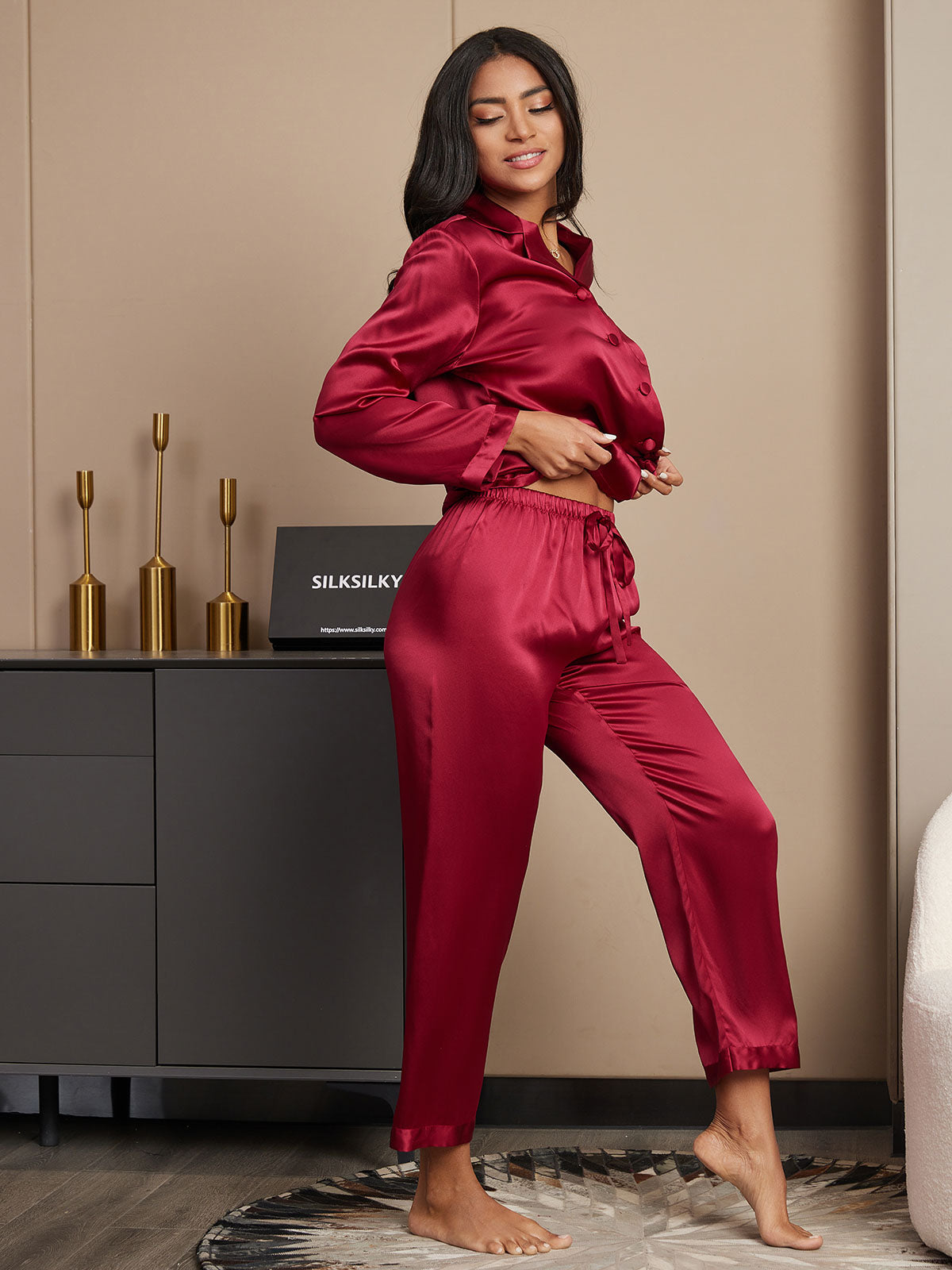 [Wine] SilkSilky-AU Pure Silk Long Sleeve Lapel Women's Pyjamas 005