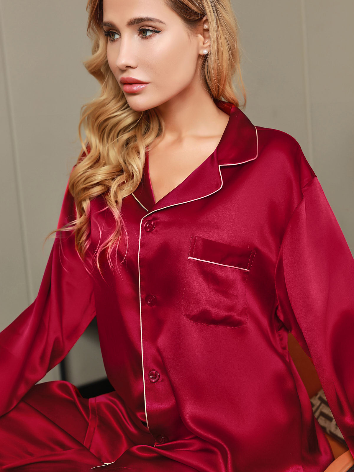 [Wine] SilkSilky-AU Pure Silk Long Sleeve Lapel Women's Pyjamas 009