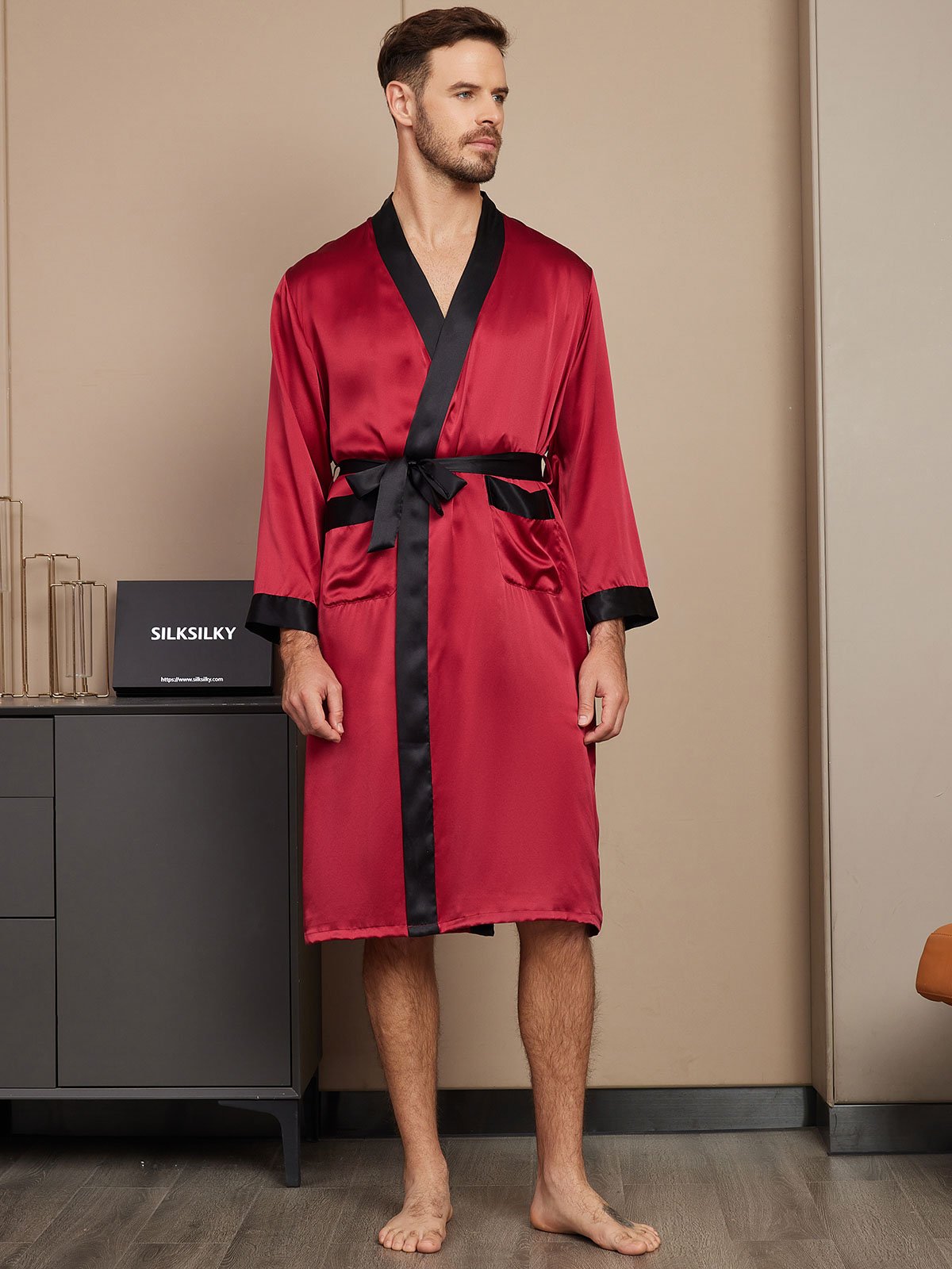 [Wine] SilkSilky-AU Pure Silk Long Sleeve Mens Robe 001
