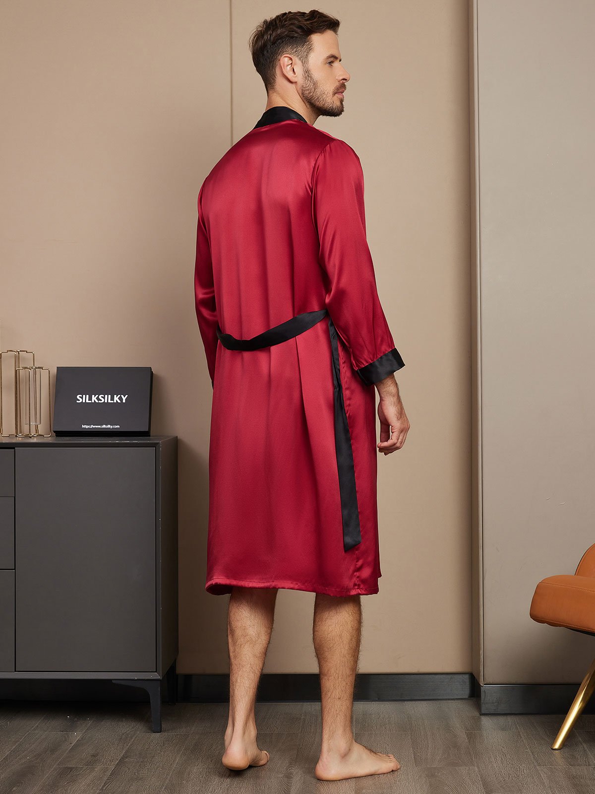 [Wine] SilkSilky-AU Pure Silk Long Sleeve Mens Robe 002