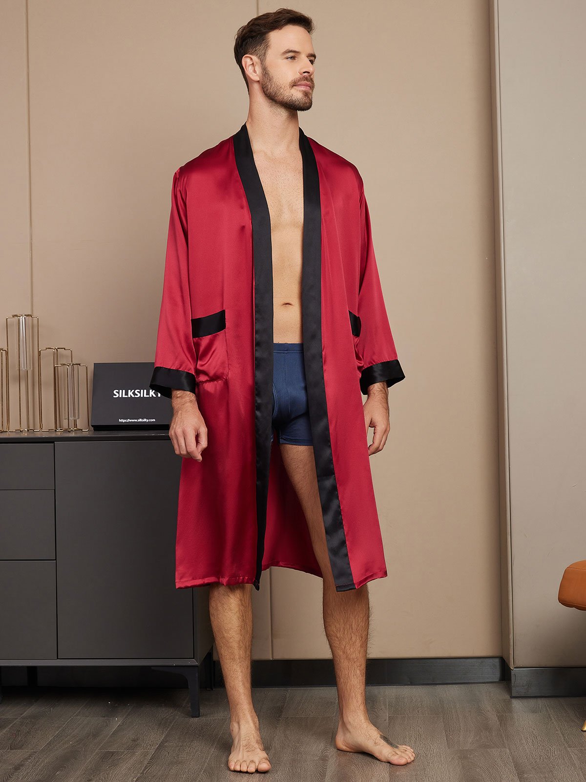 [Wine] SilkSilky-AU Pure Silk Long Sleeve Mens Robe 003