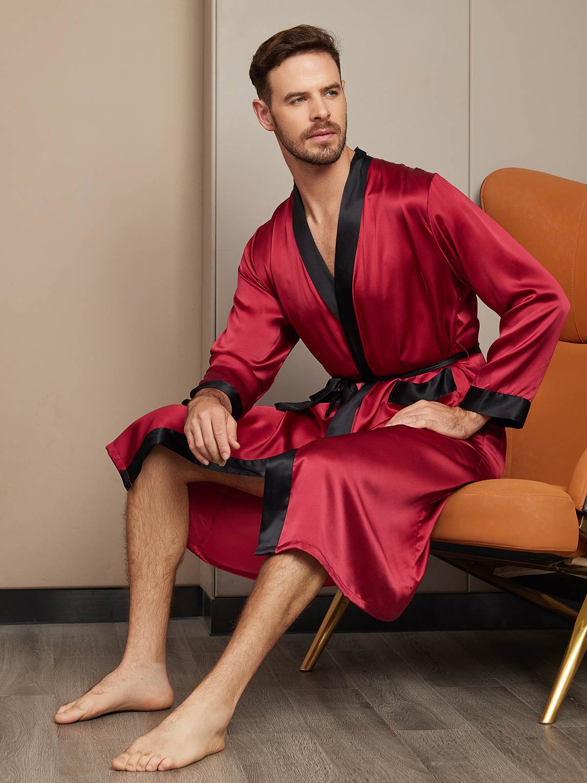 [Wine] SilkSilky-AU Pure Silk Long Sleeve Mens Robe 004