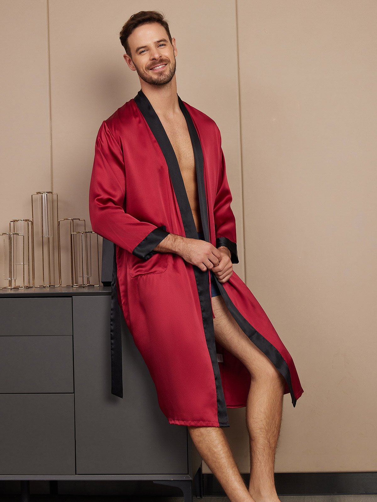 [Wine] SilkSilky-AU Pure Silk Long Sleeve Mens Robe 005
