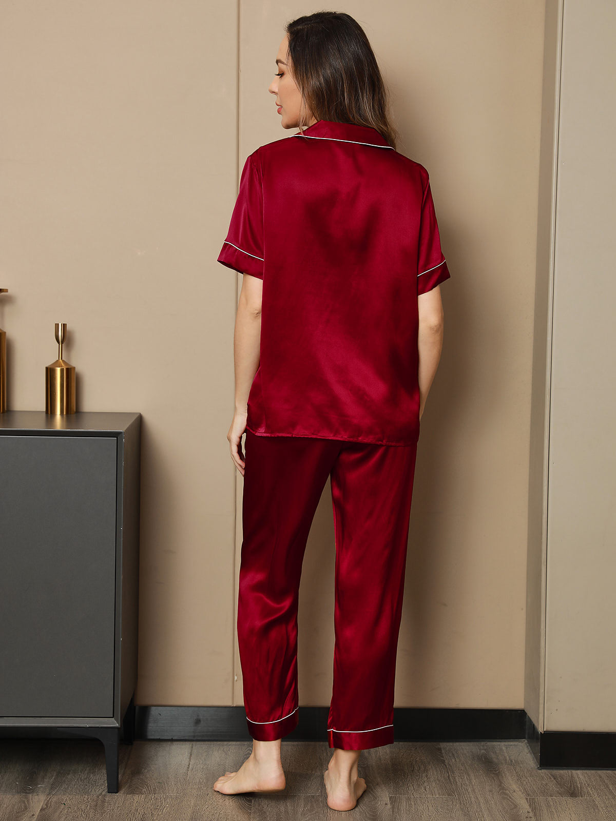 [Wine] SilkSilky-AU Pure Silk Short Sleeve Lapel Women's Pyjamas 002