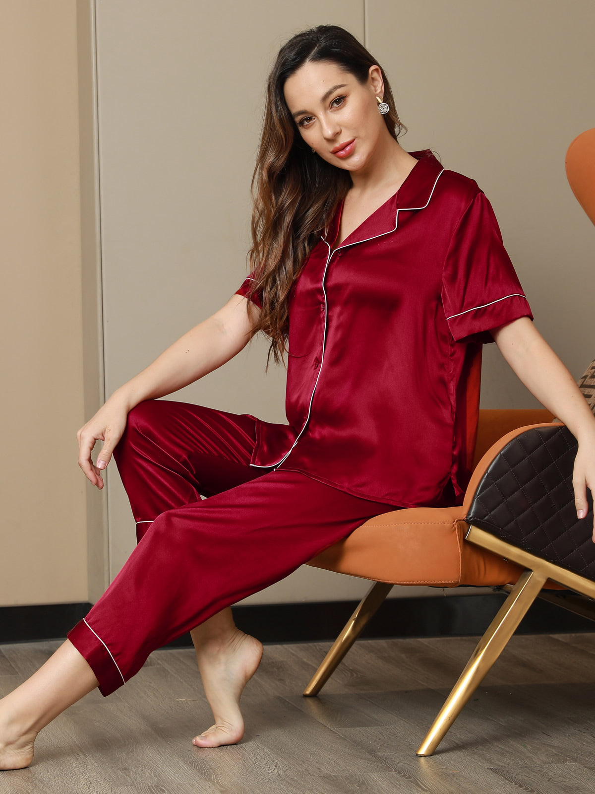 [Wine] SilkSilky-AU Pure Silk Short Sleeve Lapel Women's Pyjamas 003