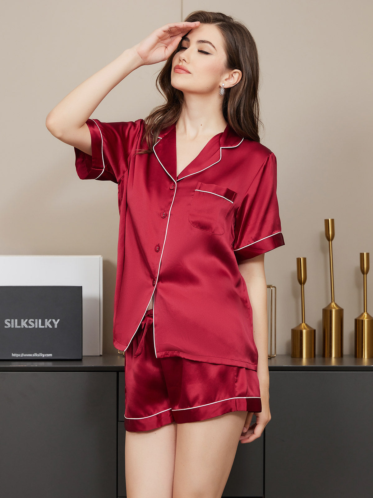 [Wine] SilkSilky-AU Pure Silk Short Sleeve Lapel Women's Pyjamas 004