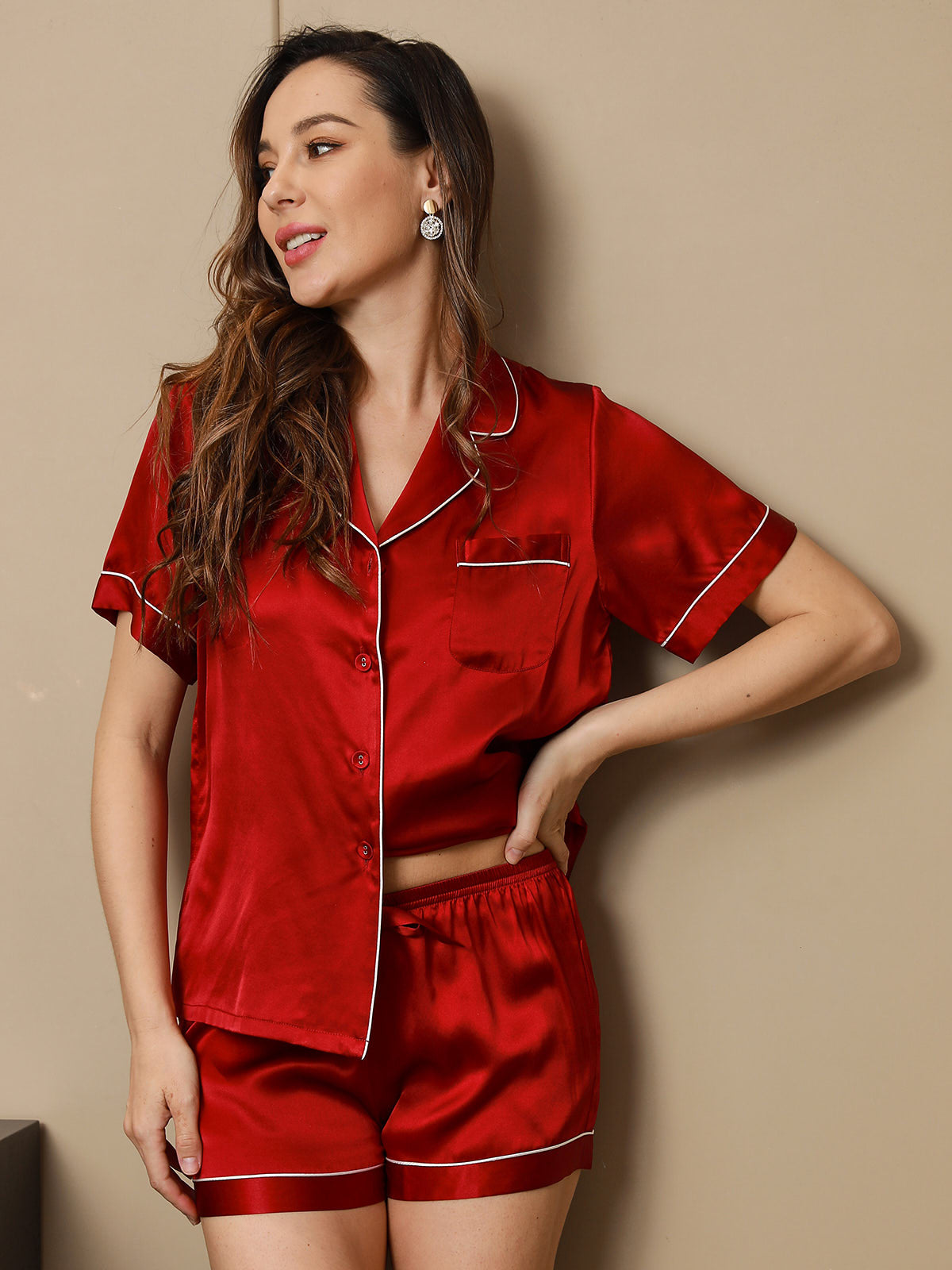 [Wine] SilkSilky-AU Pure Silk Short Sleeve Lapel Women's Pyjamas 005