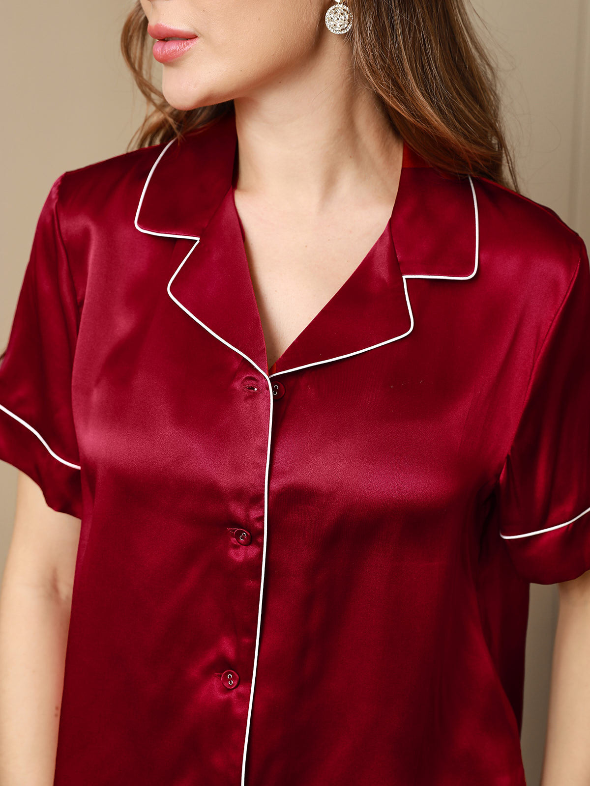[Wine] SilkSilky-AU Pure Silk Short Sleeve Lapel Women's Pyjamas 007