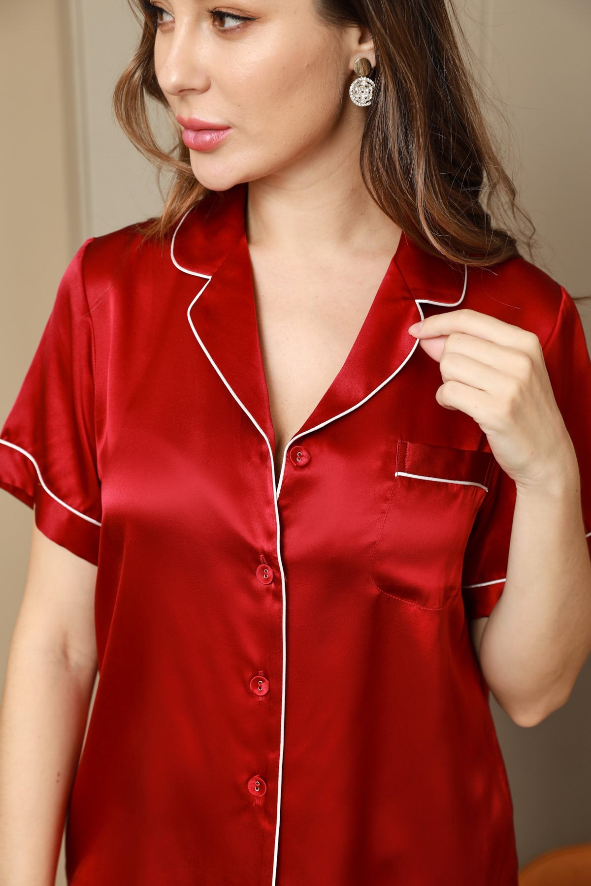 [Wine] SilkSilky-AU Pure Silk Short Sleeve Lapel Women's Pyjamas 008
