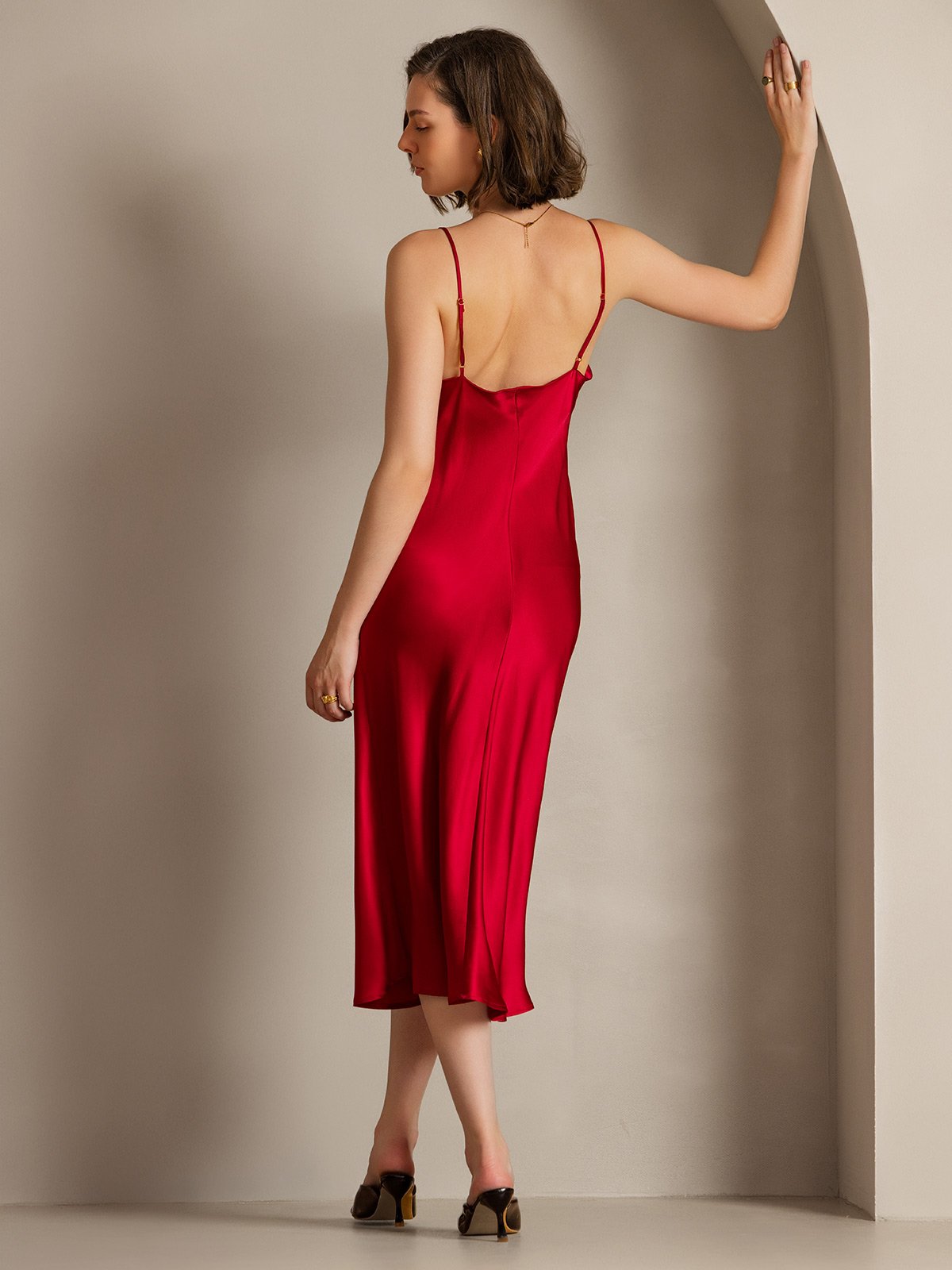 [Wine] SilkSilky-AU Pure Silk Sleeveless Cowl Neck Dress 002